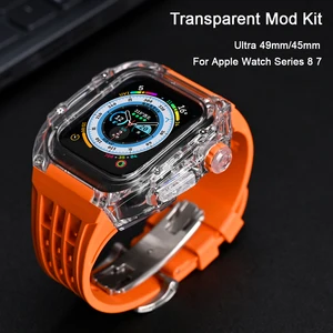 Imported Transparent Luxury Case for Apple Watch Ultra 49mm 45mm 44mm, Stainless Steel Buckle Band for iWatch