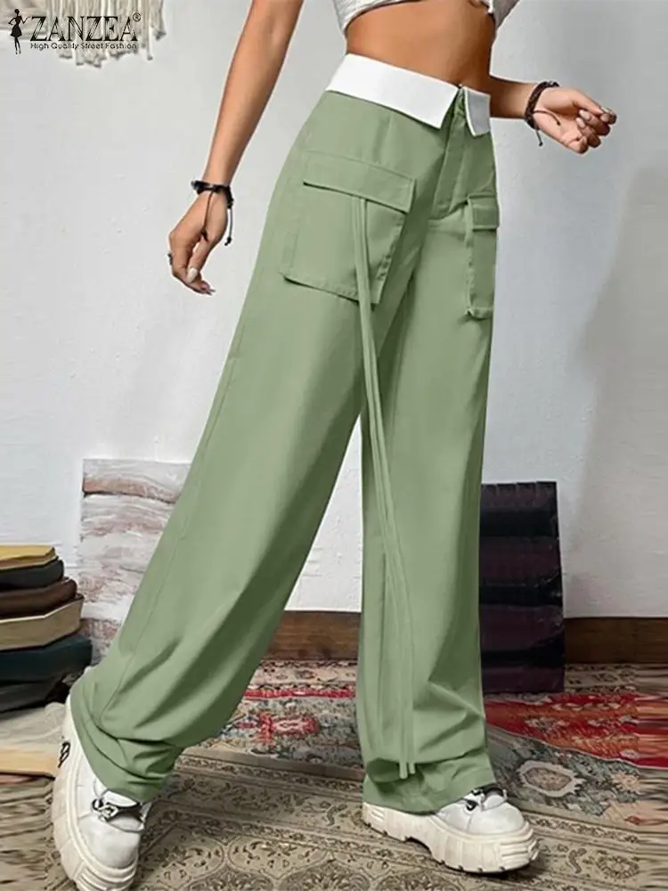

ZANZEA Big Pockets Streetwear Cargo Pants Fold Over Waist Colorblock High Waist Fashion Pantalon Loose Women Casual Long Trouser