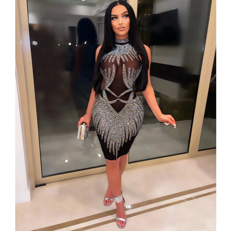 

WUHE Hollow Out Womens Sheer Mesh Crystal Mini Dress Glam Sleeveless Sequined Prom Night Dresses Bandage Sexy Clubwear