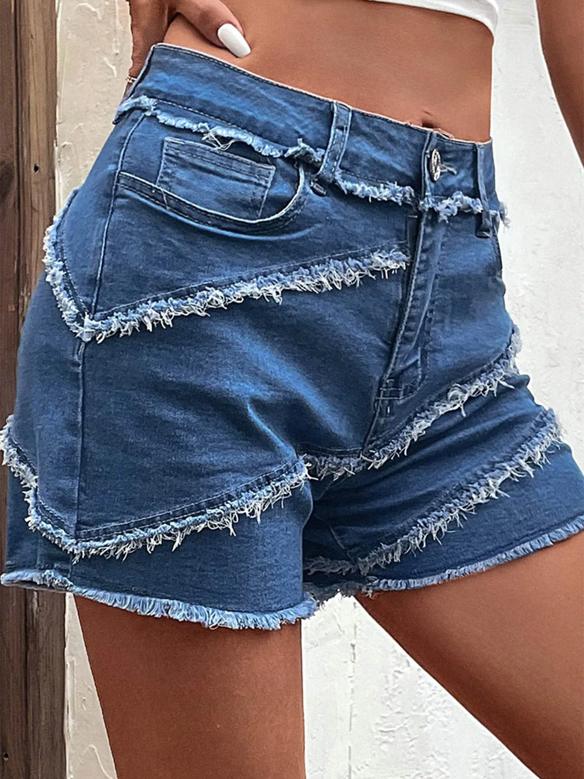 Summer Pocket Button Frayed Hem Denim Shorts Women Harem Ruffled Blue High Waisted Shorts Female Elastic Short Jeans
