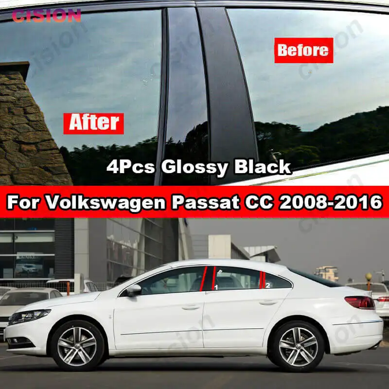 

For Vollswagen VW Passat CC 2008-2016 4Pcs Car Door Window BC Pillar Post Cover Trim Mirror Effect Black Carbon Fiber PC Stciker