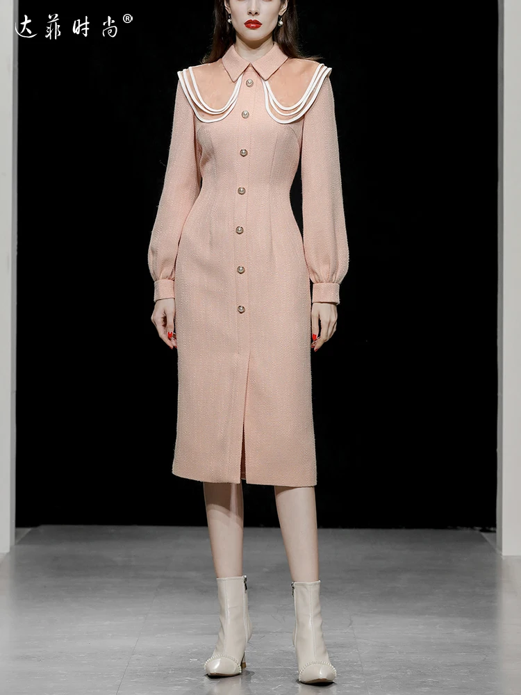 

Fashion Women Tweed Dress 2022 Autumn Winter French Layer Turn-Down Collar Slim Medium Length Dress Female New