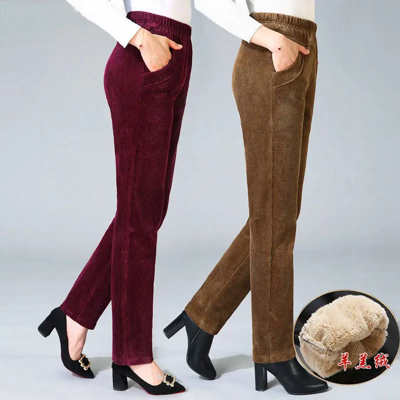 

Fashion Pants Women's Autumn Winter 2023 New Pocket Elastic High Waist Thick Casual Warm Solid Straight Pants Trousers Q17