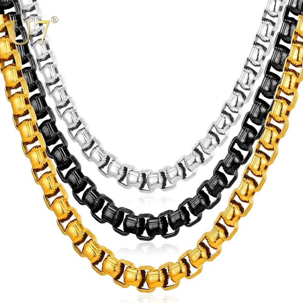 

U7 Stainless Steel 7mm Link Chain Necklace for Man Woman Metal Ball Beaded Box Hip Hop Punk Neo-gothic Daily Jewelry