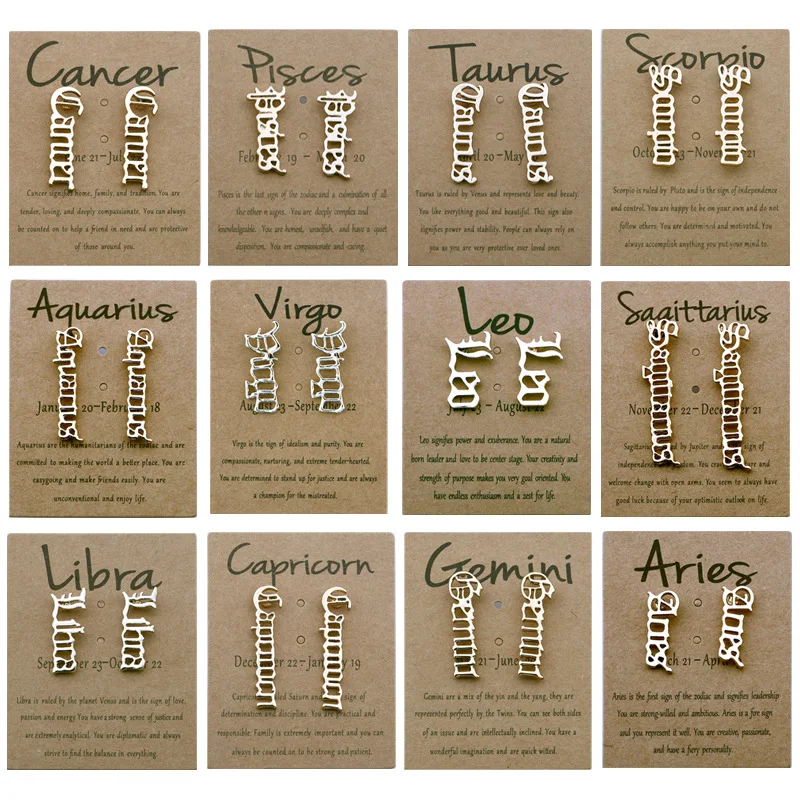 

TULX 12 Constellation Stud Earrings For Women Old English Letter Zodiac Sign Earring Leo Libra Aries Female Birthday Jewelry