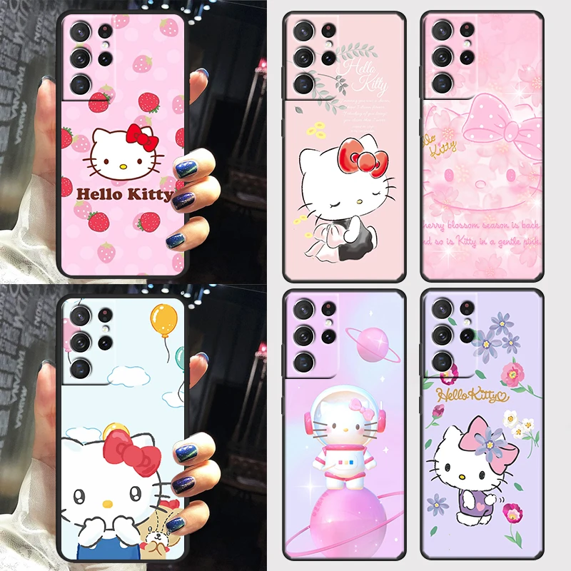 

Anime Cat Hello Kitty Girl Case For Samsung Galaxy S22 S21 S20 FE Ultra Plus S10 S9 S8 5G Black Soft Phone Cover Capa Shell Core