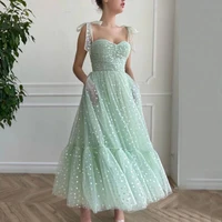 candy color simple tulle evening dress for girl homecoming party gown tea length a line sweetheart neck spaghetti straps zipper