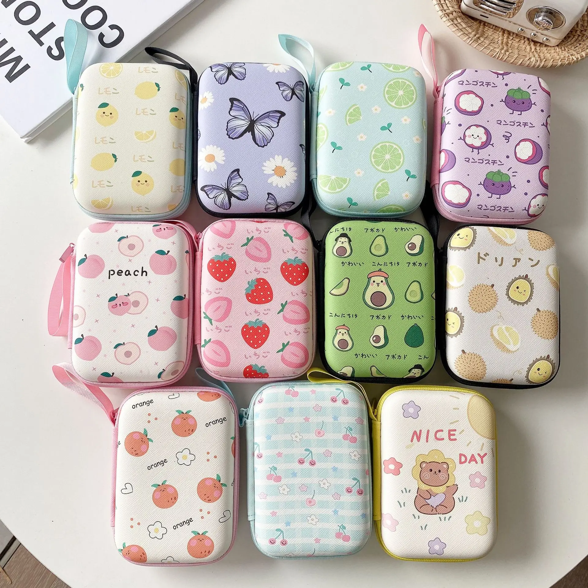 Cartoon fruit rectangular earphone storage bag large coin purse mobile power charger data cable storage box