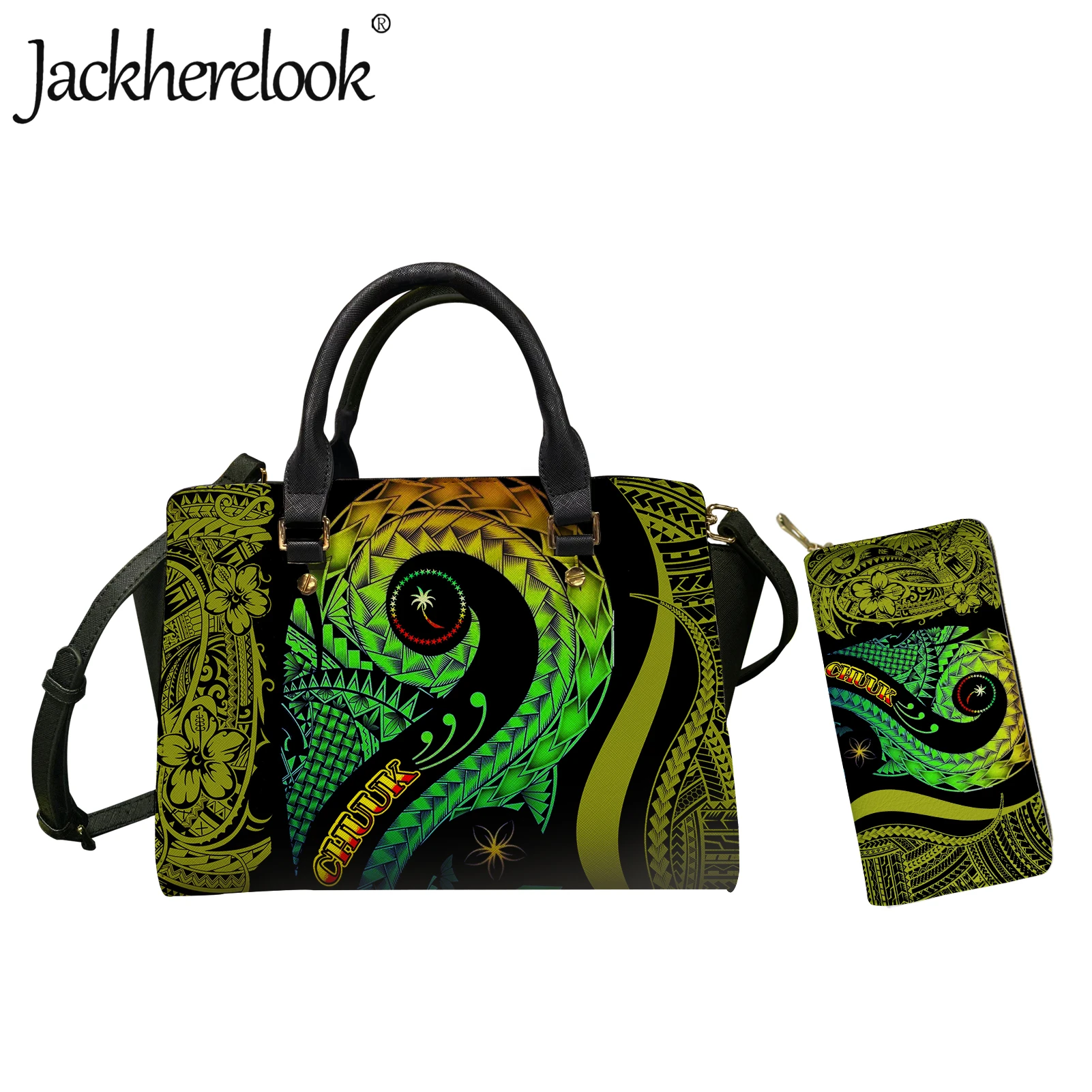 

Jackherelook Chuuk Polynesian Reggae Printed Girls Leather Tote Handbag Set PU Leather Crossbody Bag with Hasp Women Long Wallet