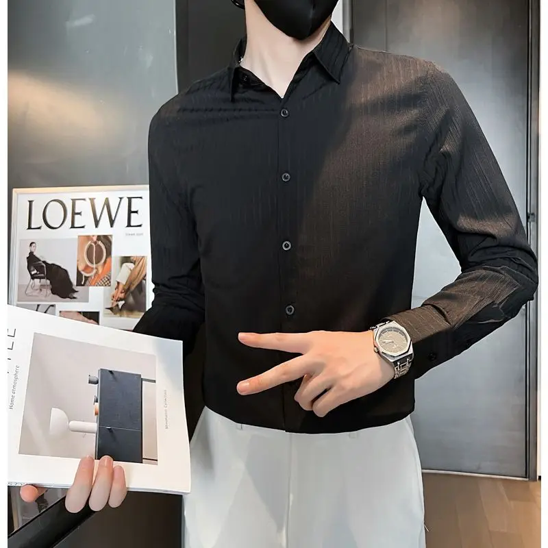 Korean Four Seasons Turn-down Collar Slim Single Breasted Dress Shirts Fashion New Solid Color Black White Men's Clothing 2022