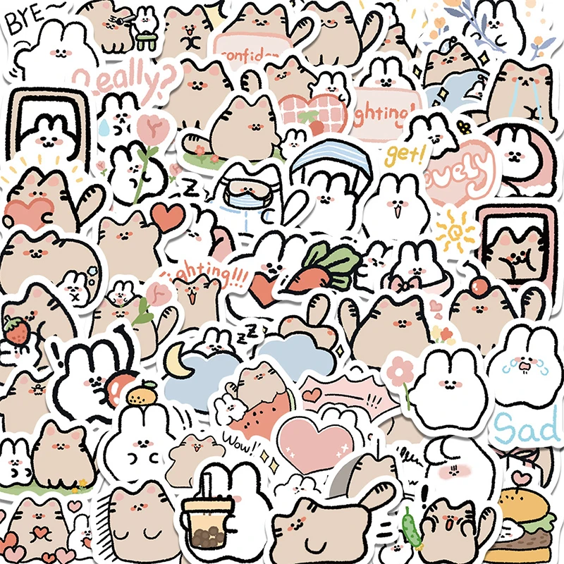 

60Pcs Kawaii Cat Rabbit Cartoon Sticker Cute Animal Decals Kids Toys DIY Scrapbook Laptop Stationary Guitar Suitcase Car Sticker