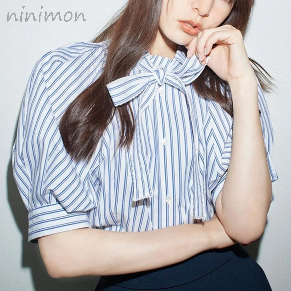 

Блузка NINIMON с кукольным воротником, темпераментная кружевная бант с рукавом до локтя, однобортная рубашка, подходящая ко всему офисная одеж...