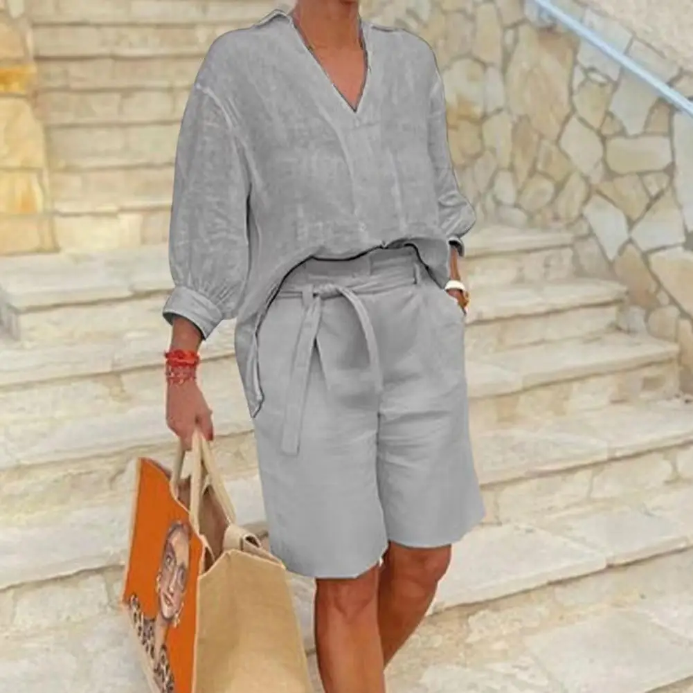 

Cotton Linen Two Piece Sets Women Outifit 2023 Summer Fashion V-Neck Long Sleeve Top & Casual Pocket Design Pants Set Streetwear