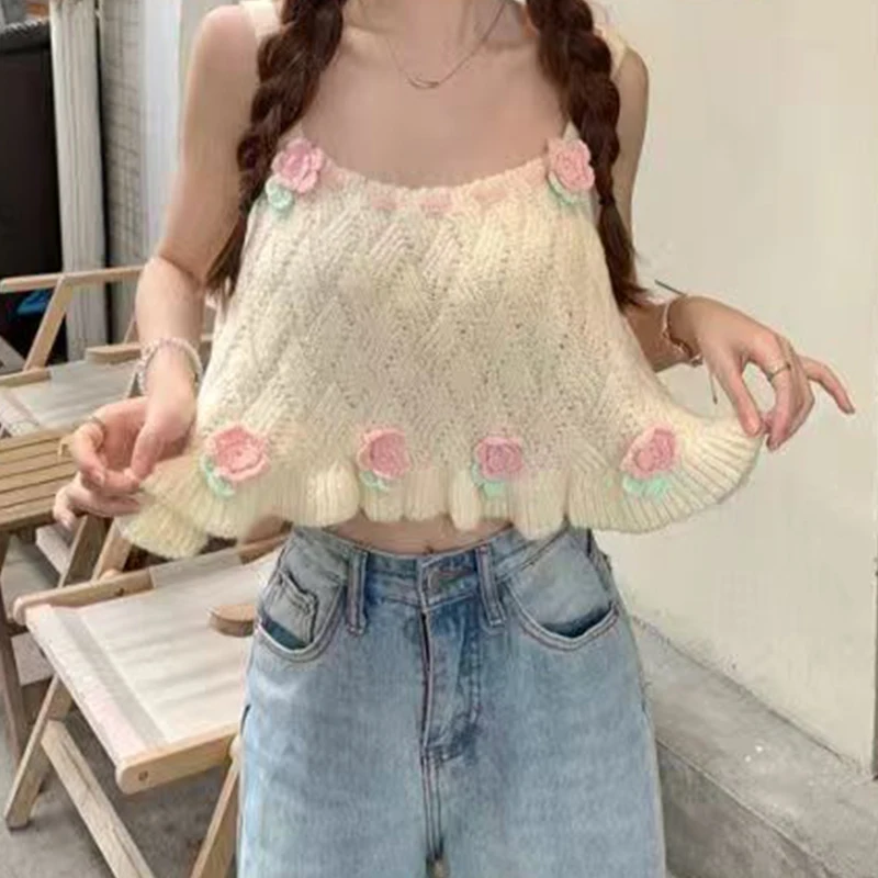 Топ женский вязаный с цветами в Корейском стиле
