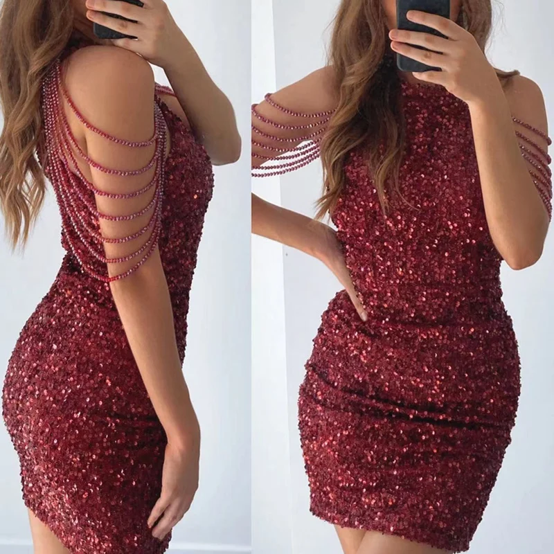 

Women Tassel Sleeve O Neck Corset Bodycon Dress Elegant Party Dress Sequined Evening Cocktail Dress