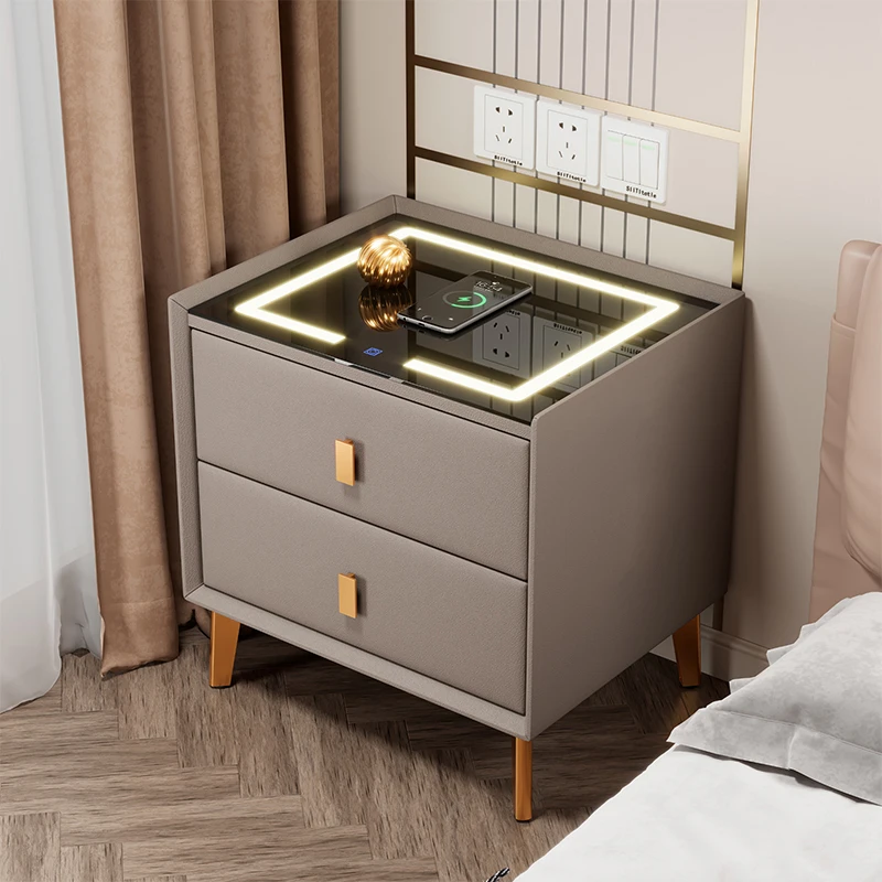 

Italian Bedroom Nightstands Fingerprint Lock Gray Minimalist Smart Bedside Table With Wireless Charger Muebles Home Furniture