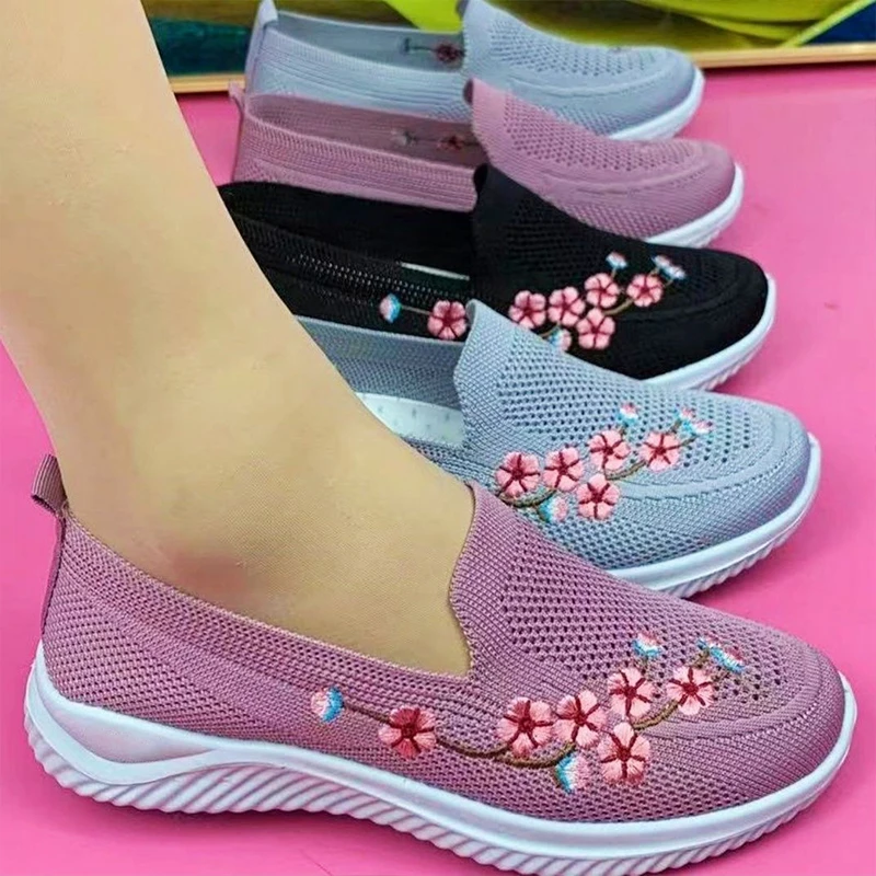 Women Sneakers Mesh Breathable Floral Comfort Mother Shoes Soft Solid Color Female Casual Footwear Lightweight Zapatos De Mujer