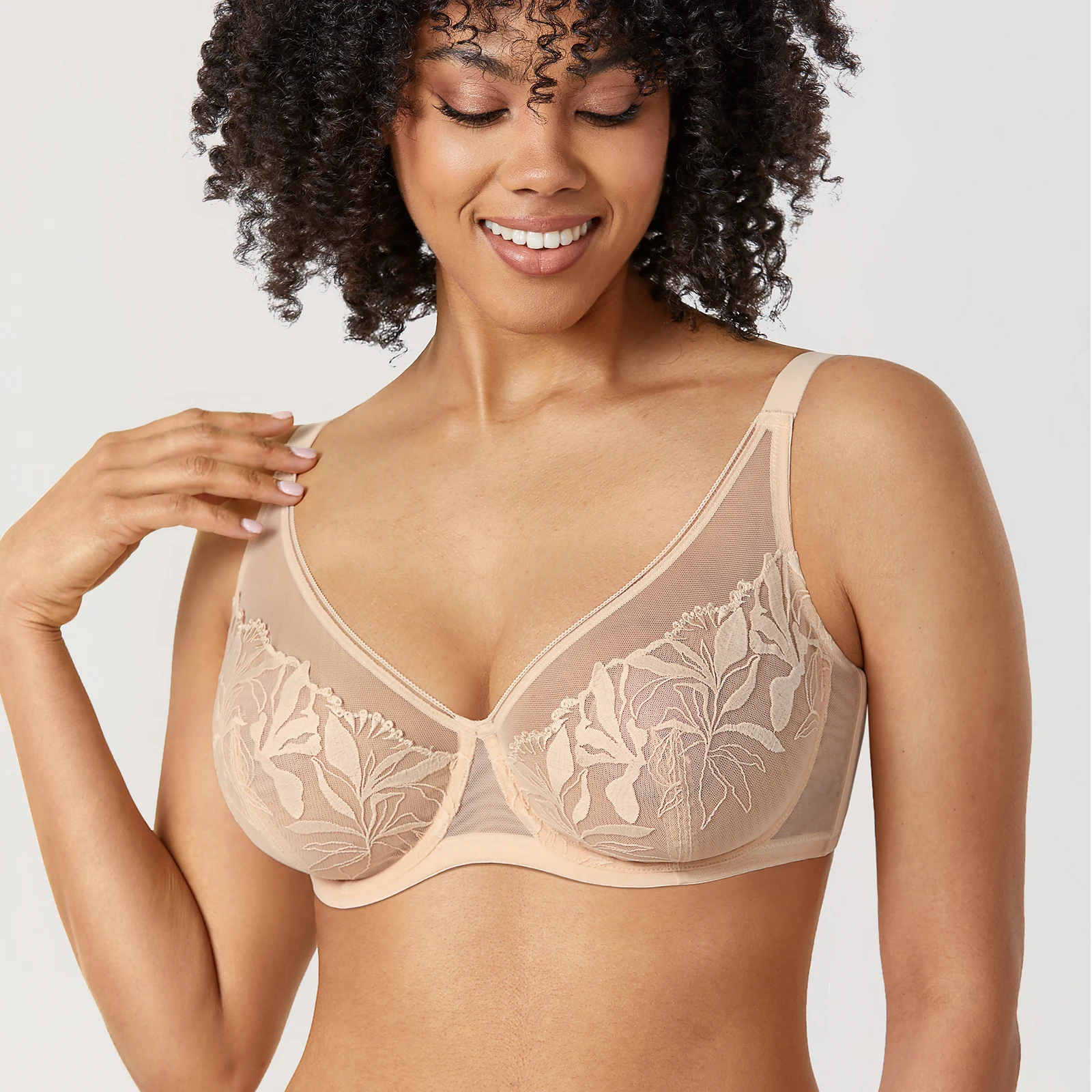 Women's Minimizer Bra Sexy Floral Lace Plus Size Underwire Unlined Full Coverage See Through Transparent