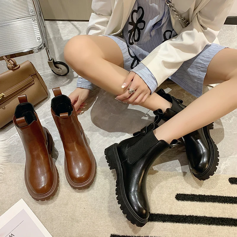 

Брендовая женская обувь, ботинки челси с круглым носком, женские модные ботильоны в стиле «лолита» на среднем каблуке, осень 2022