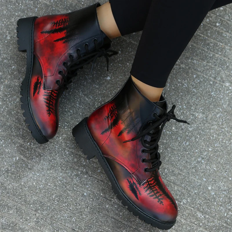 

Женские осенние ботинки с цифровой печатью, женская модель 2023, модные рабочие ботинки из искусственной кожи в британском стиле, женские ботинки на шнуровке спереди