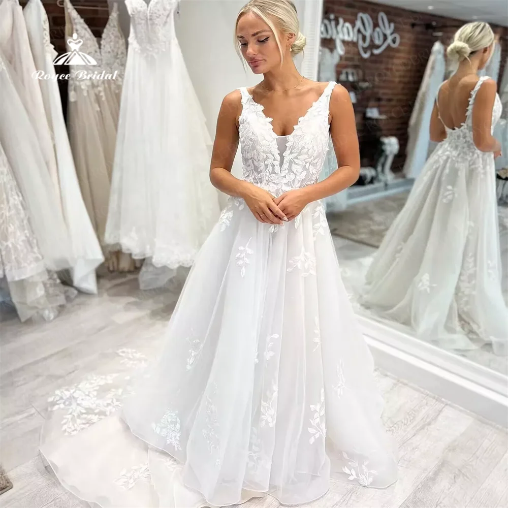 Свадебное платье Roycebridal с V-образным вырезом Пляжная аппликация из органзы длина
