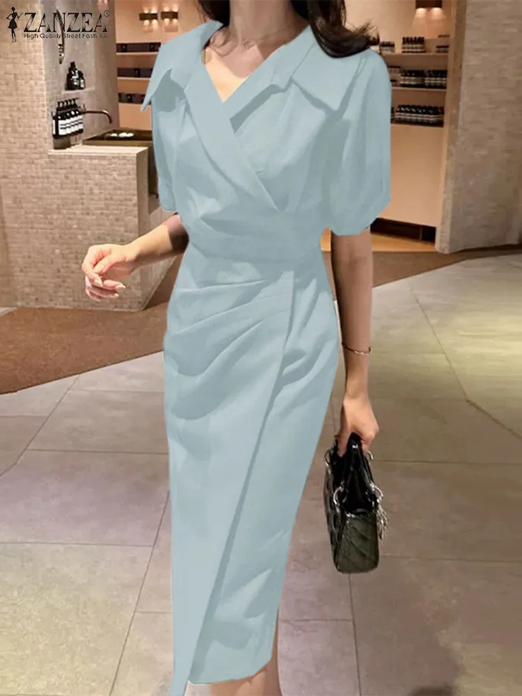

Платье ZANZEA женское летнее элегантное офисное, модный Повседневный Сарафан средней длины с отложным воротником и полурукавом, однотонная искусственная рубашка, кафтан