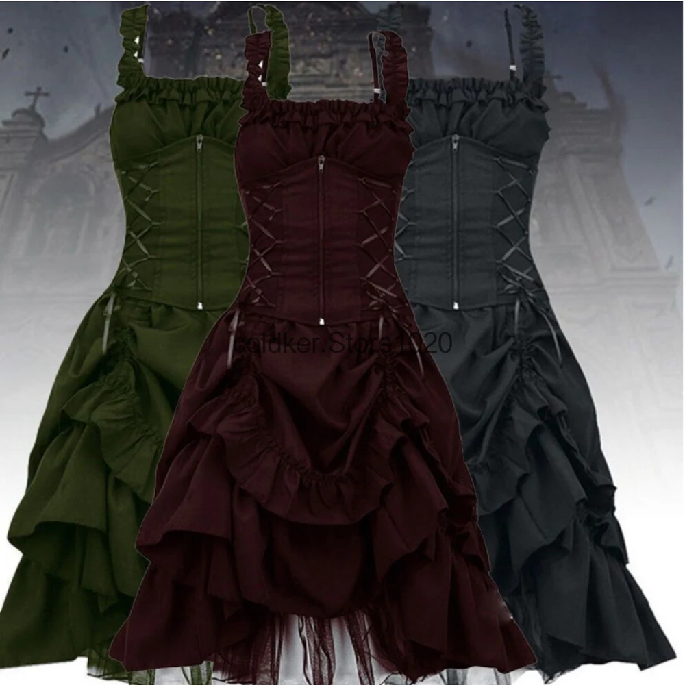 Halloween Gothic Women Darkness Dress Lace Up Corset Waist Vampire Pleated Skirt Goth Lolita Costume Punk Y2K Sundress Plus Size