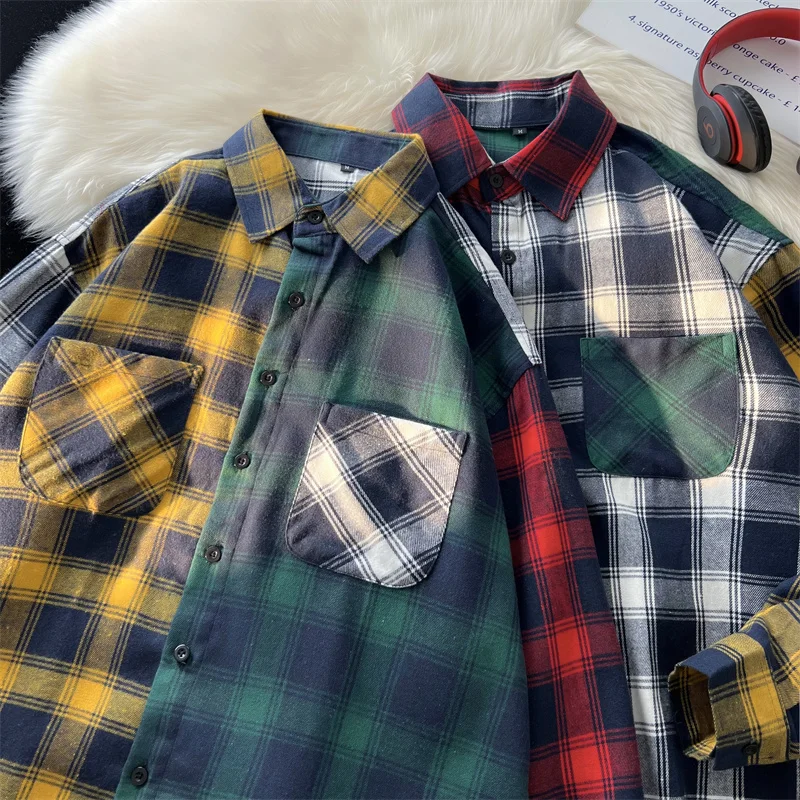 

Privathinker, Весенняя Свободная рубашка для мужчин, в клетку, в стиле пэчворк, Harajuku, с длинным рукавом, унисекс, блузки, повседневный модный мужско...