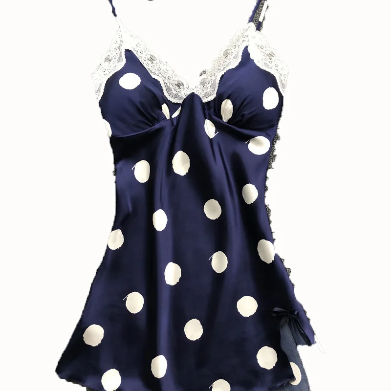 

Satin Lace Dot Print Deep V Pajamas Dress Set Sexy Women Sleepwear Femme Sleeveless Lingerie Nightgown Babydolls Vestidos Mujer