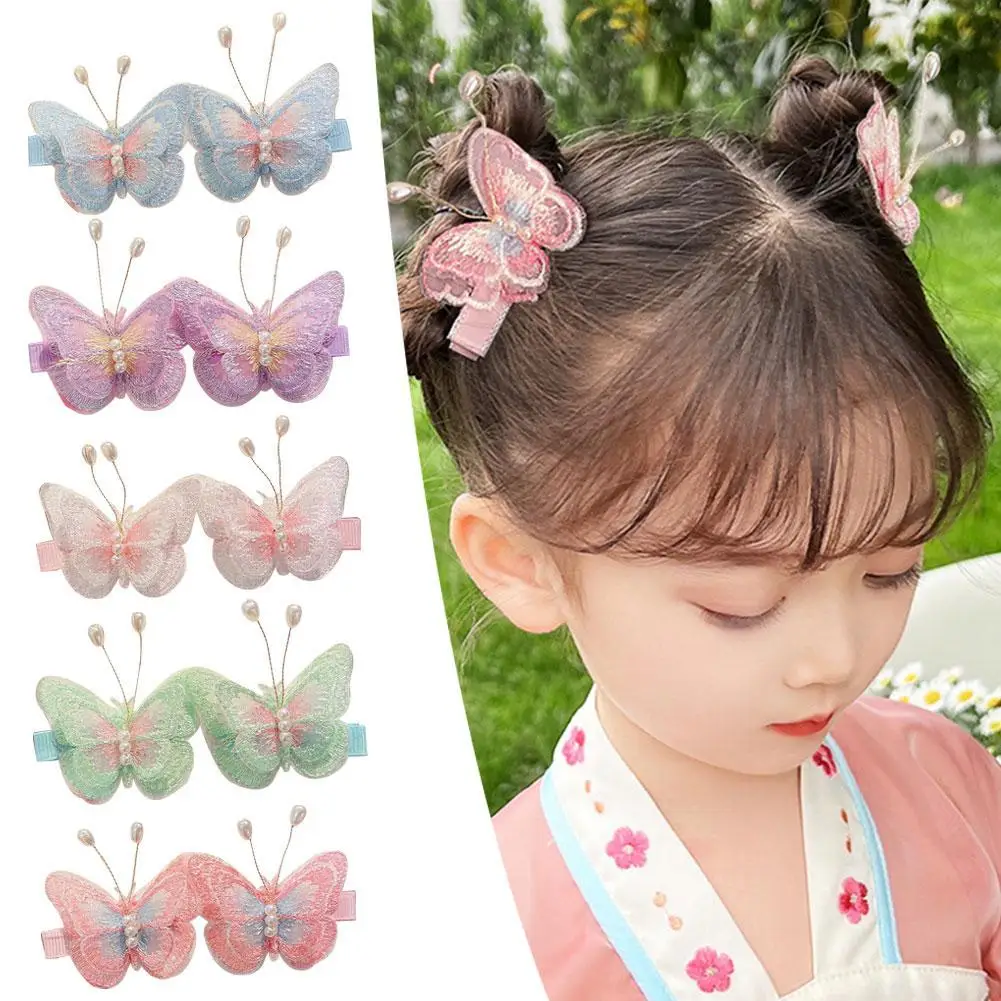

2pcs Embroidered Butterfly Hair Clips For Girls Baby Kids Pearl Hairpins Hair Accessories Exquisite Headwear Hair Clip Appliques