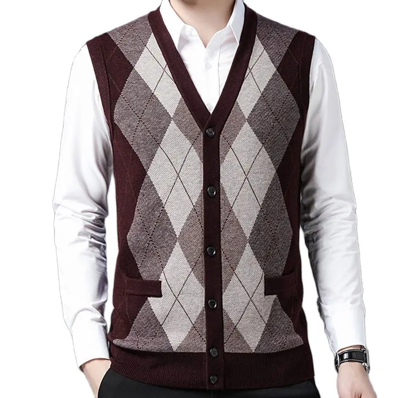 NEW Warm Men's Sweater Business Casual Men's Sweater Diamond Plaid Men's Cardigan Vest Men's High-grade Sleeveless Men's Sweater