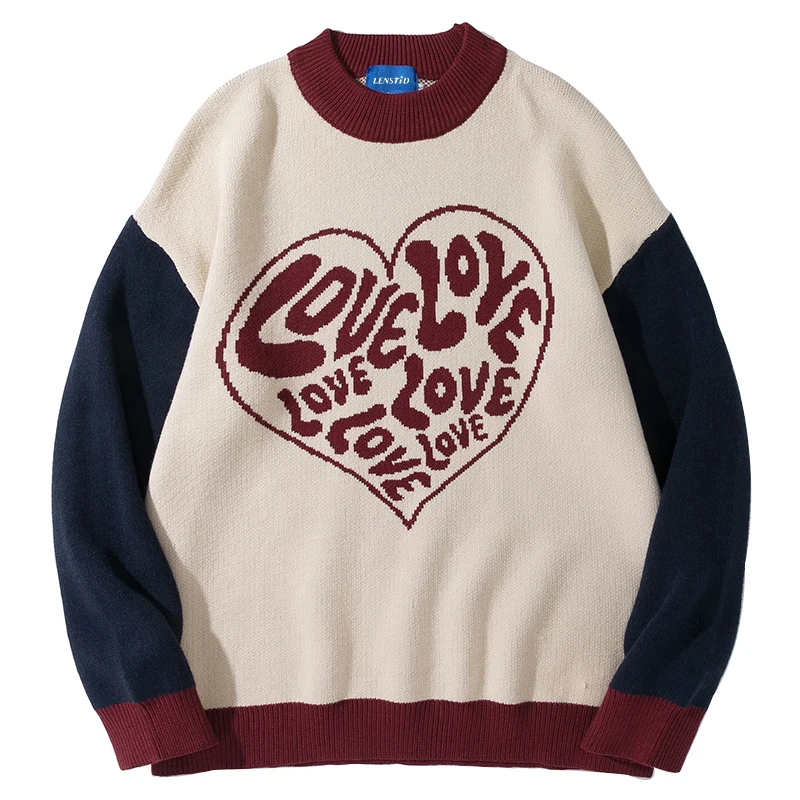 

Men Hip Hop Knitted Jumper Sweaters Cute Heart Letter Print Patchwork Streetwear Harajuku Autumn Casual Loose Pullovers