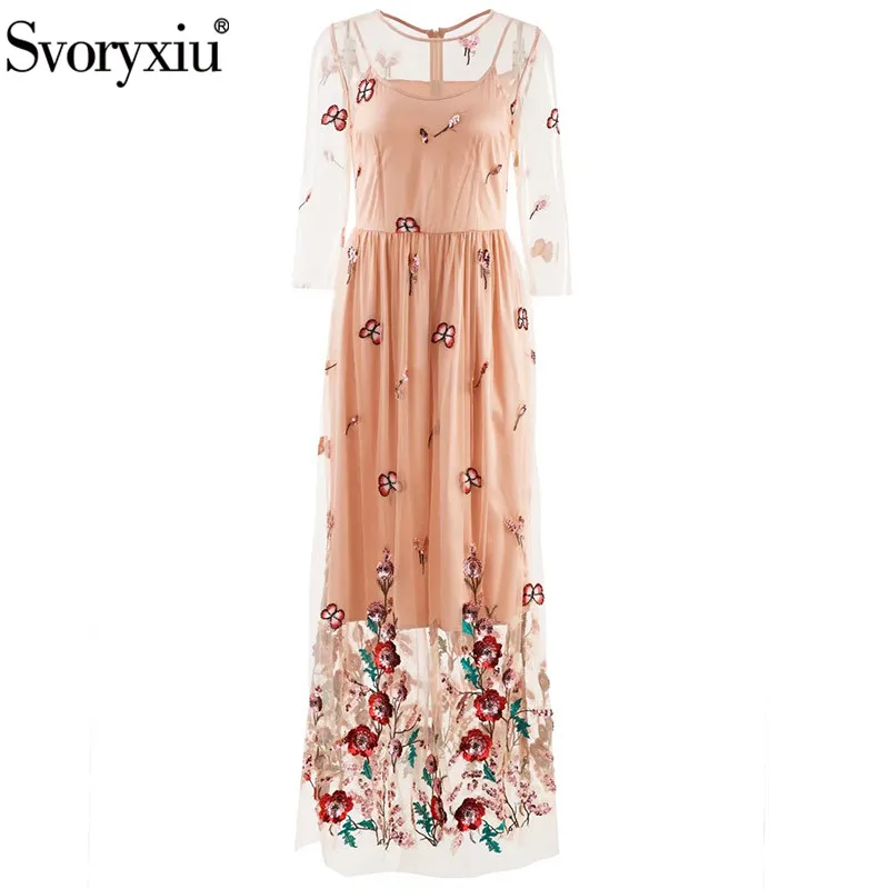 Svoryxiu 2022 New Women's Summer Sexy Party Transparent Mesh Maxi Dress High Quality Sequins Embroidery Runway Long Dresses