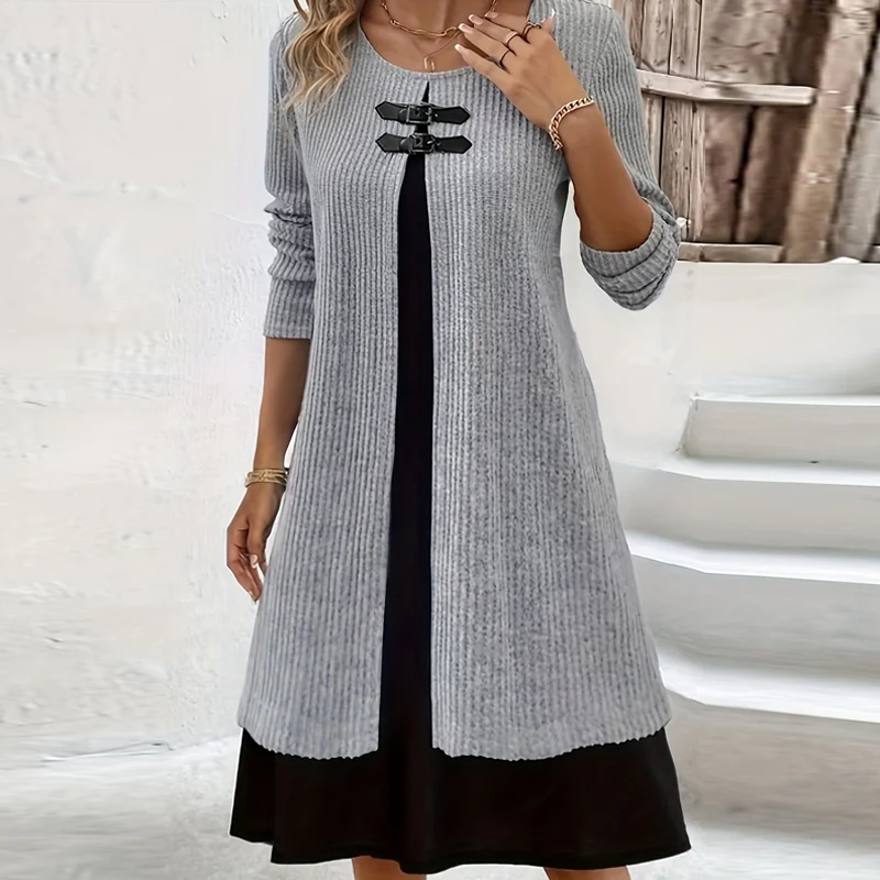 

Женское трикотажное платье миди, элегантное винтажное Повседневное платье средней длины с длинным рукавом и круглым вырезом, с имитацией двух предметов, осень 2023