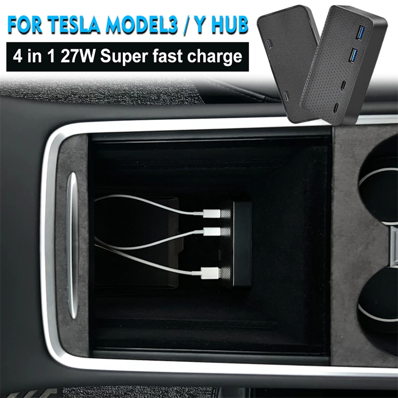 

For Tesla Model 3 Y Accessories USB Splitter Hub Docking Station Speed Hub Extender Charger Center Console Box Charging Expander