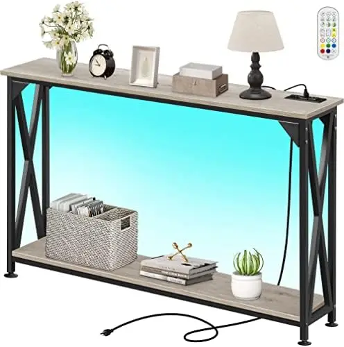 

Tiers Console Sofa Table with Power Outlet, Industrial Entryway Table with Open Storage Shelf, Accent Side Table with LED Strip