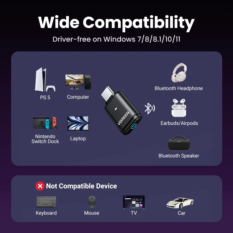 UGREEN USB C Type-C Bluetooth 5 3 передатчик aptX HD AD аудио адаптер для ПК Nintendo переключатель