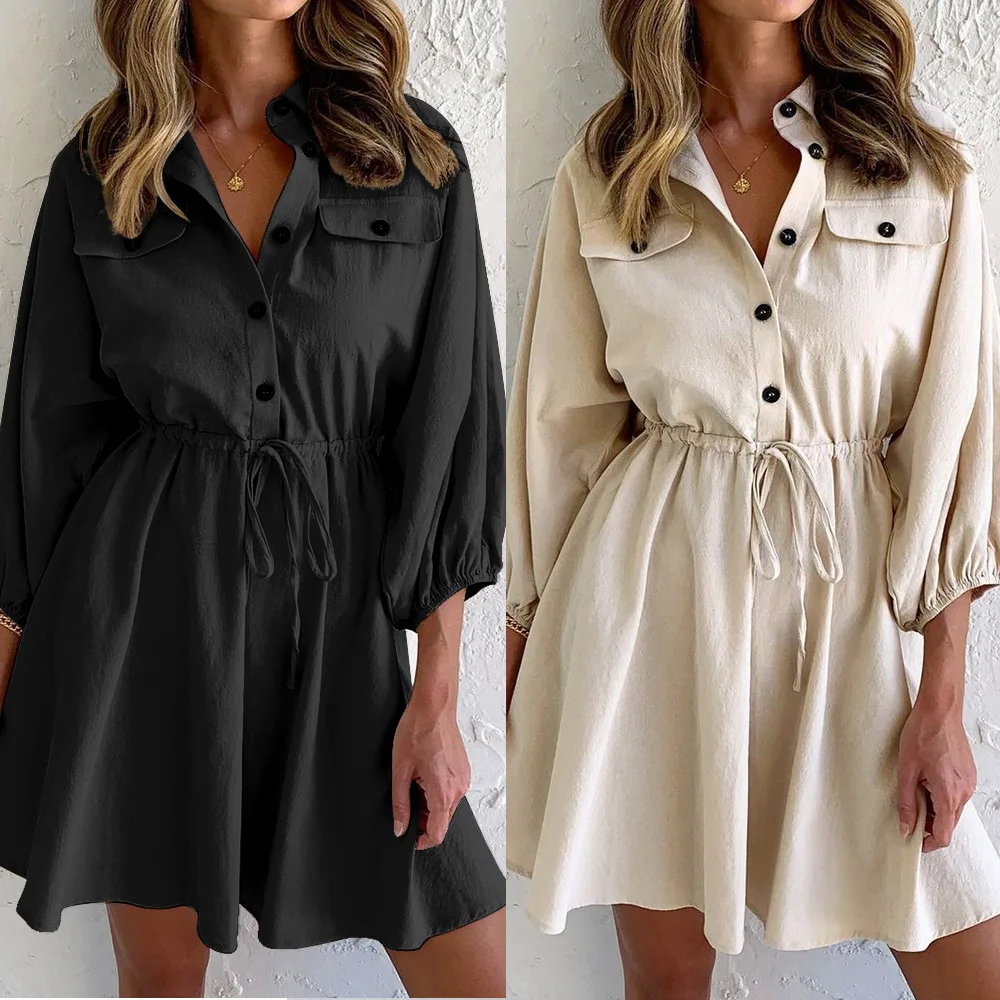 

2023Spring/Summer New Fashion Polo Collar Single Breasted Shirt European and American Pocket Lacing Casual Elegant Women's Dress