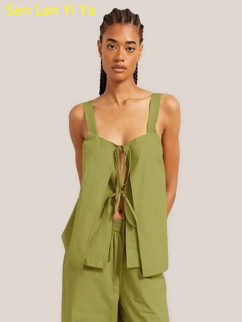 

Женский костюм из двух предметов Sen Lan Yi Ya, элегантный зеленый пикантный топ на шнуровке с вырезами и свободные брюки с высокой талией, лето 2023