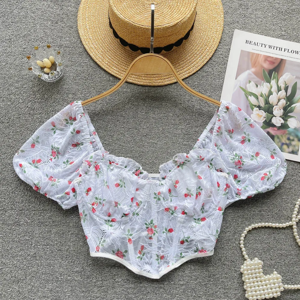 

Женская блузка с цветочным принтом, облегающая ажурная блузка с пышными рукавами, элегантный укороченный топ в Корейском стиле, пикантная рубашка, Летняя женская одежда
