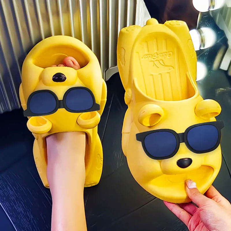 Women's Indoor Non-slip Bread Sandals EVA Soft Slippers Home Lovely Cartoon Sunglasses Bear Deco Slides Outdoor Cozy Beach Shoes
