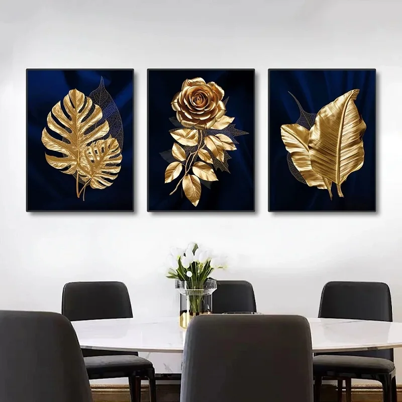 Домашний декор холст живопись черные и золотые листья цветы постер украшение для