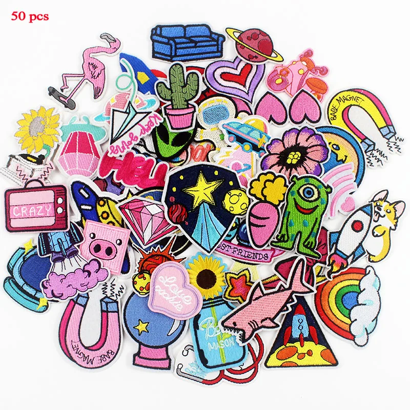 

50 Pcs/Lot Cartoon Ironing Patches Girls Badges Lovely Pink Stickers for Clothing Kids Embroidery Stripes DIY Sewing Supplies
