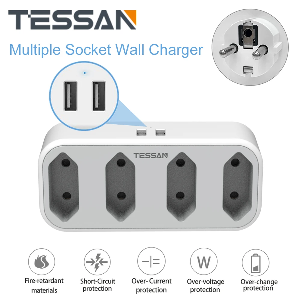 Настенная розетка TESSAN с 4 евророзетками и 2 USB-портами