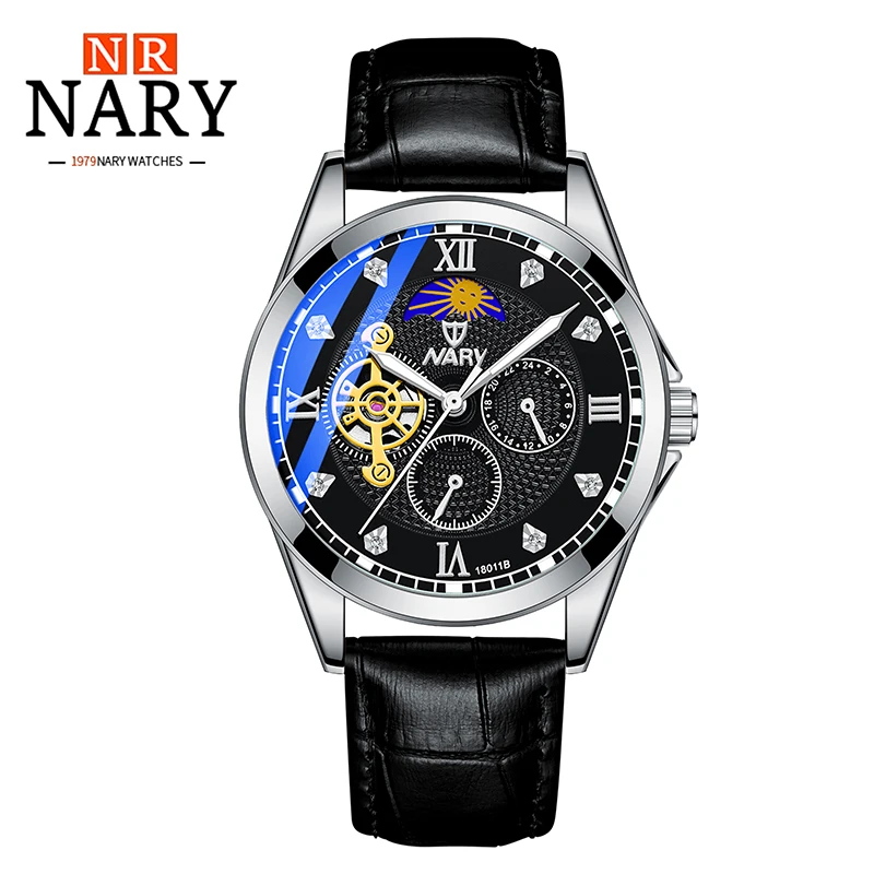 

NARY Fashion Business Top Brand Luxury Watch for Men Luminous Waterproof Genuine Leather Relogio Mechanical Watches 18011B-L