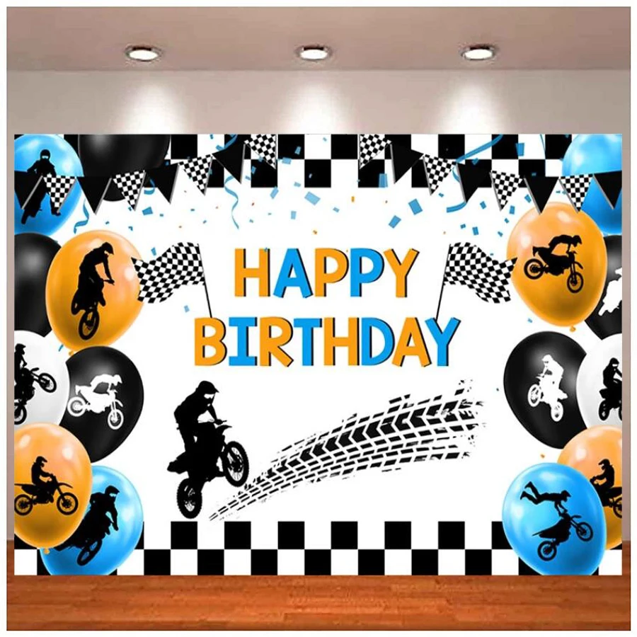 

Photography Background Motocross Blue Balloons Decor Motorcycle Theme Boys Birthday Party Background Banner Photo Studio Props