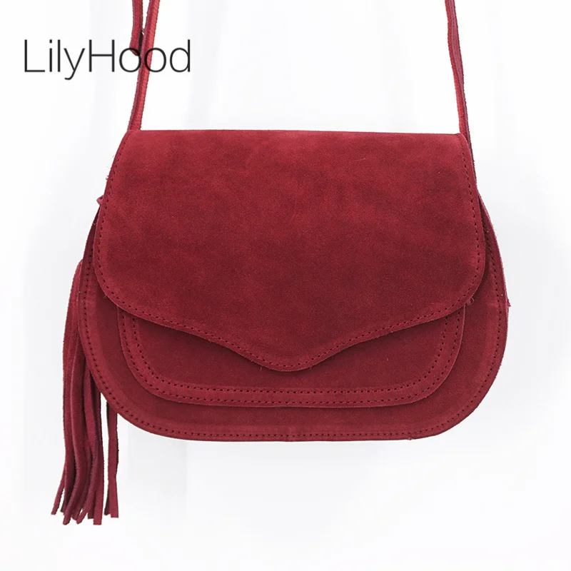 

Women Genuine Leather Suede Small Size Saddle Bag Leisure Retro Bohemian Hippie Ibiza Fringed Burgundy Side Sling Shoulder Bag