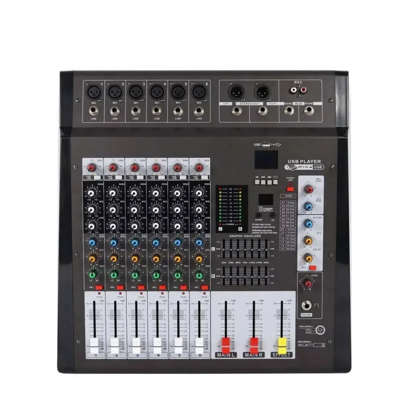 Фото DMX-6 6-канальный USB-микшер с 16 DSP-эффектами, 350 Вт, мощный микшерный пульт, металлический корпус, для живого звука, новинка №2