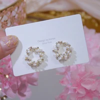 2022 korean new rhinestone wreath stud earrings sweet flower crystal pearl brincos women party birthday jewelry gift