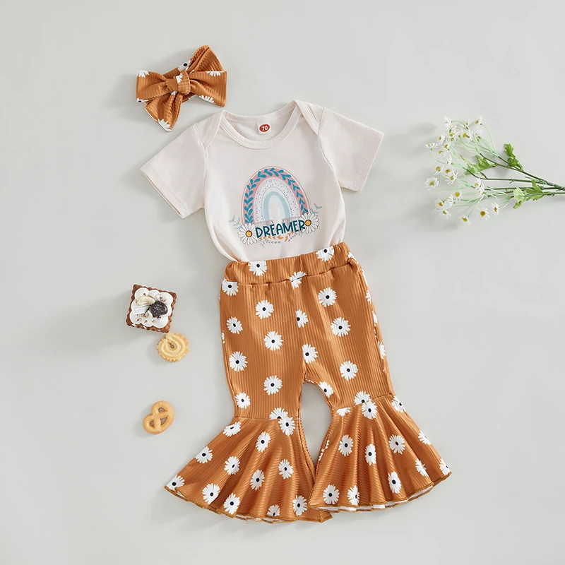 

0-24M Kids Baby Girl 3pcs Pants Suit Casual Short Sleeve Letter Print Romper Tops + Floral Long Bell-Bottoms Trousers + Headband